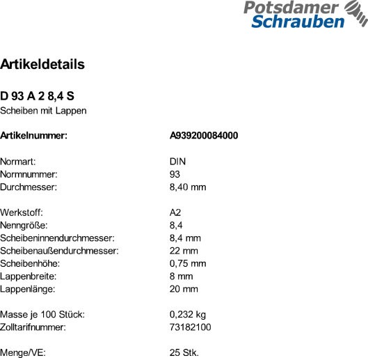 25 Edelstahl V2A Scheiben mit Lappen DIN 93 A2 8,4
