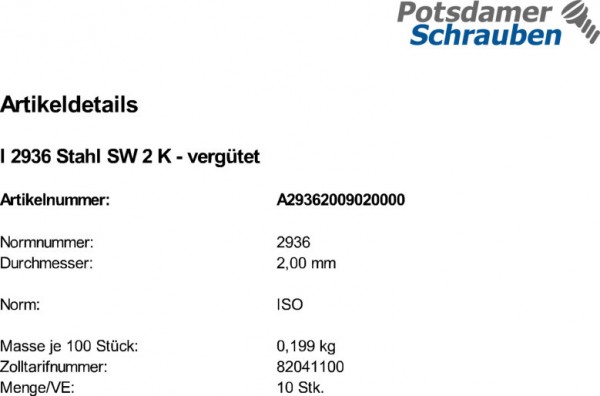 10 Winkelschraubendreher ISO 2936 Stahl SW 2 vergütet VE=K