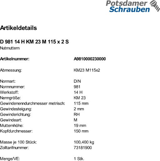 1 Nutmuttern DIN 981 14 H KM23 M115x2 Stahl