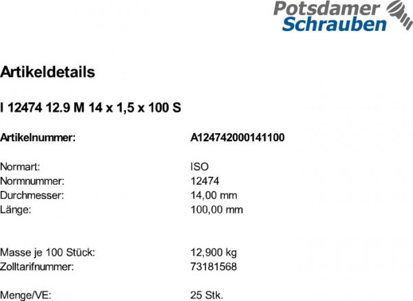 25 Innensechskant Feingewinde Zylinderschrauben ISO 12474 12.9 M14x1,5x100