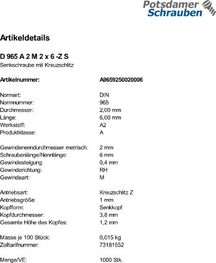 1000 Edelstahl V2A Kreuzschlitz Senkschrauben DIN 965 A2 -H M2x6 -Z