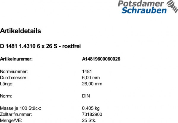 25 Edelstahl Spannstifte DIN 1481 1.4310 6x26