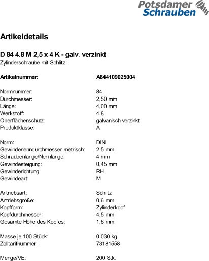 200 Schlitz Zylinderschrauben DIN 84 4.8 verzinkt M2,5x4