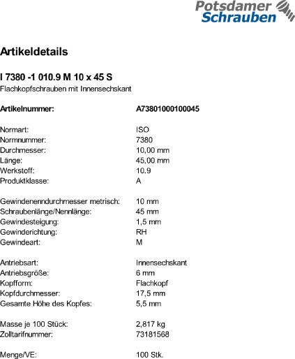 100 Innensechskant Linsenkopfschrauben ISO 7380 -1 10.9 schwarz M10x45