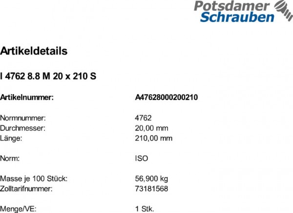 1 Innensechskant Zylinderkopfschrauben ISO 4762 8.8 schwarz M20x210