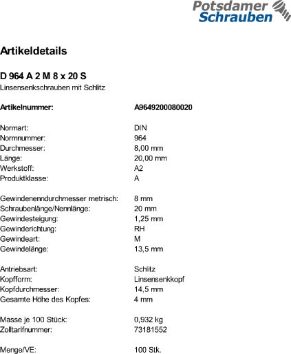 100 Edelstahl V2A Schlitz Linsensenkschrauben DIN 964 A2 M8x20