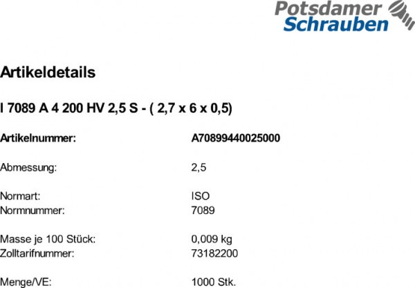 1000 Edelstahl V4A Unterlegscheiben ISO 7089 A4 M2,5 ( 2,7x6x0,5)