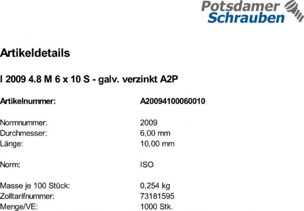 1000 Schlitz Senkschrauben ISO 2009 4.8 verzinkt M6x10