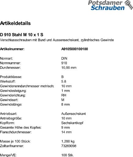 100 Verschlussschrauben DIN 910 Stahl M10x1