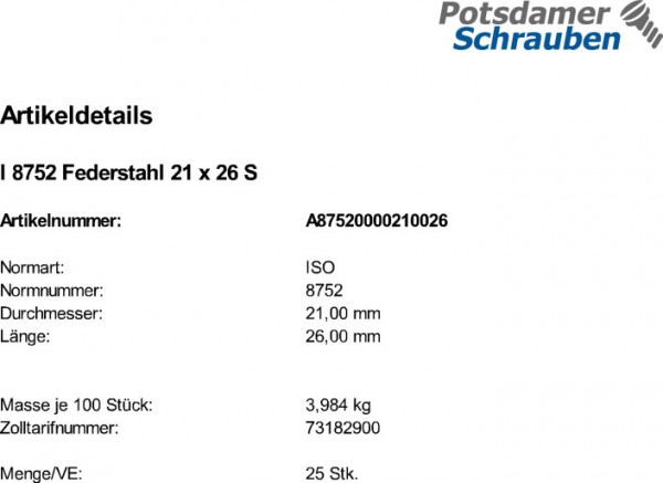 25 Spannstifte ISO 8752 Federstahl 21x26