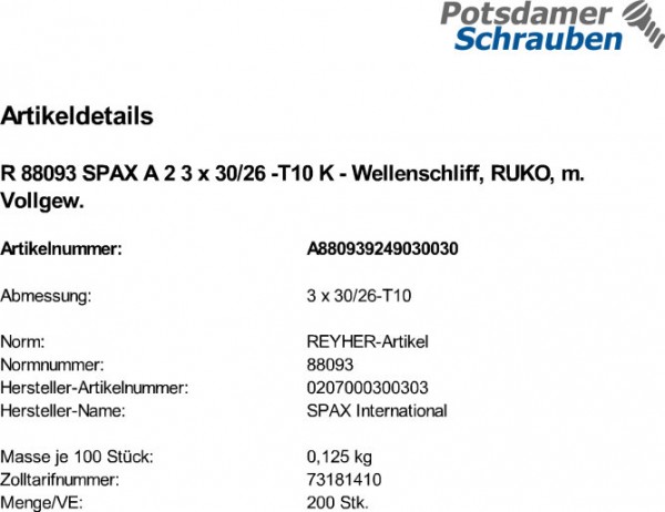 200 SPAX Edelstahl V2A Pan Head Halbrundkopfschrauben A2 TX 3x30 /26 TORX
