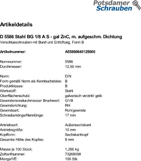 100 Verschlußschrauben DIN 5586 Stahl BG 1/8 A C, mit Dichtung C