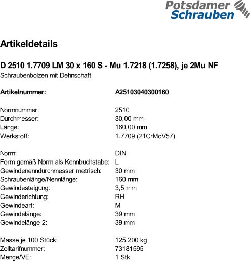1 Schraubenbolzen DIN 2510 1.7709 LM30x160 Mu 1.7218 (1.7258), je 2Mu NF