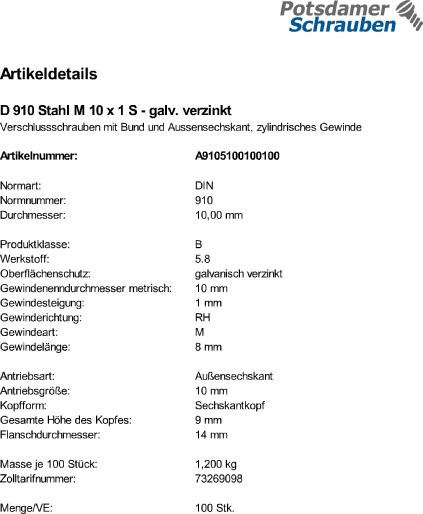 100 Verschlussschrauben DIN 910 Stahl M10x1 verzinkt