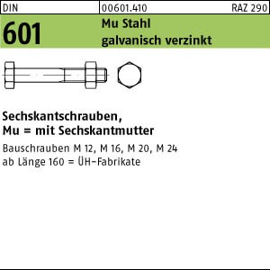 100 Sechskantschrauben + Mutter DIN 601 verzinkt M6x20