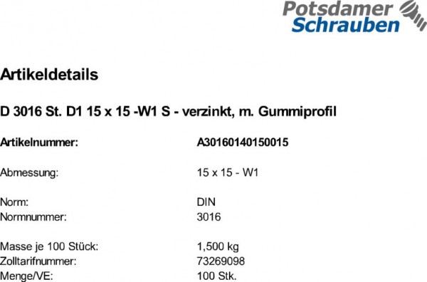 100 Schellen DIN 3016 D1 15x15 -W1 verzinkt, mit Gummiprofil W1 Zn