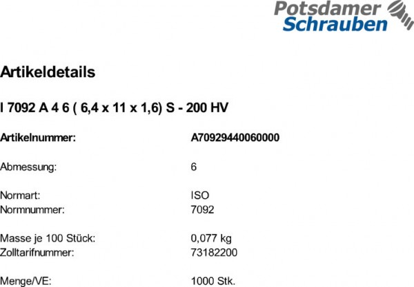 1000 Scheiben ISO 7092 A4 6 ( 6,4x11x1,6) 200 HV V4A Edelstahl