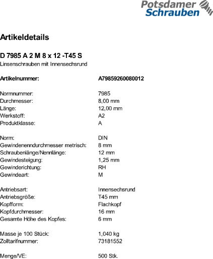 500 Edelstahl V2A Linsenkopfschrauben DIN 7985 A2 TX M8x12 TX 45
