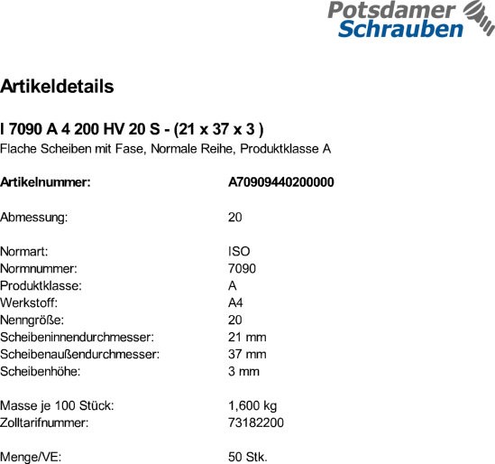 50 Edelstahl V4A Unterlegscheiben ISO 7090 A4 M20 (21x37x3 )