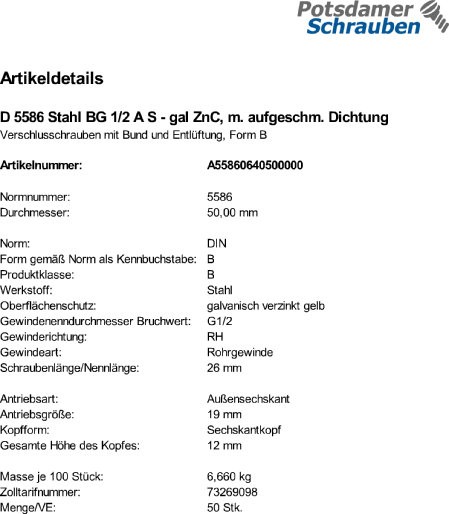 50 Verschlußschrauben DIN 5586 Stahl BG 1/2 A C, mit Dichtung C