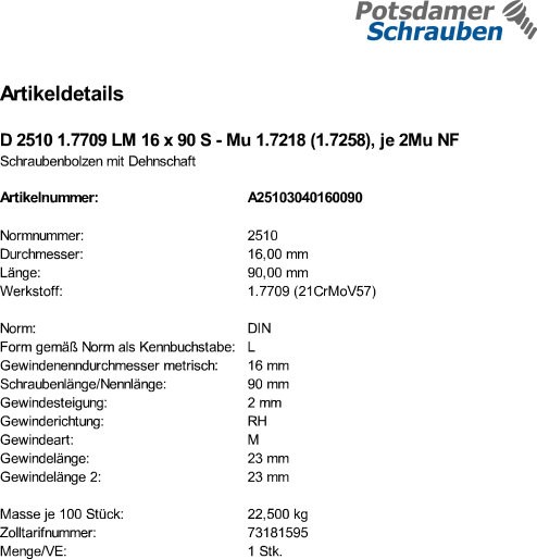 1 Schraubenbolzen DIN 2510 1.7709 LM16x90 Mu 1.7218 (1.7258), je 2Mu NF