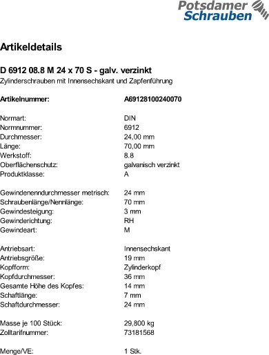 1 Innensechskant Zylinderschrauben niedrig DIN 6912 8.8 verzinkt M24x70