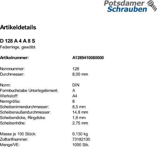 1000 Edelstahl V4A Federringe DIN 128 A4 A 8