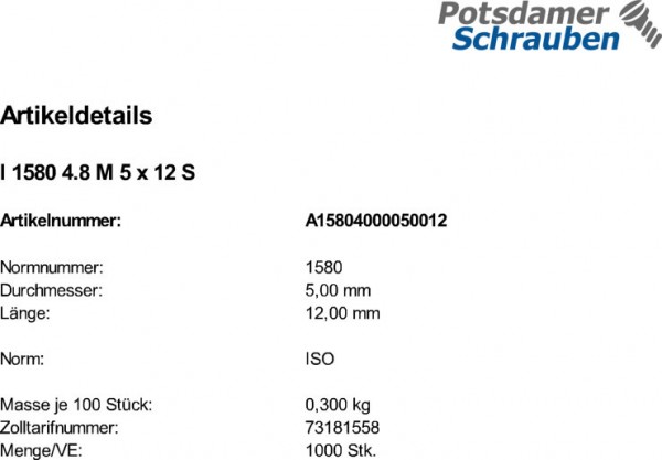 1000 Flachkopfschrauben ISO 1580 4.8 M5x12 Stahl