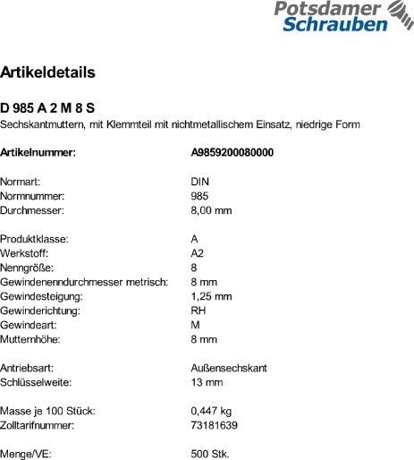500 Edelstahl V2A Sechskantmuttern DIN 985 A2 M8