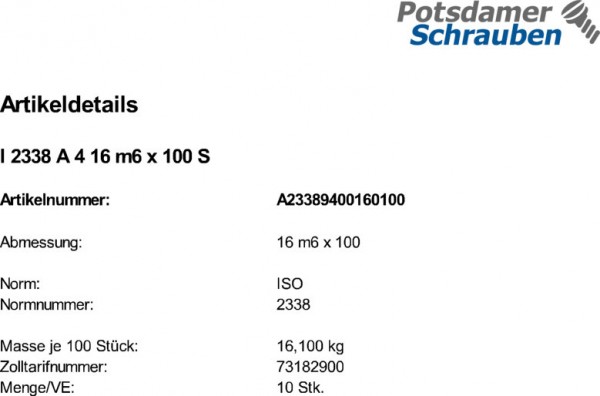 10 Edelstahl V4A Zylinderstifte ISO 2338 A4 16 m6 x 100
