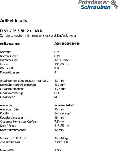 1 Innensechskant Zylinderschrauben niedrig DIN 6912 8.8 schwarz M12x160