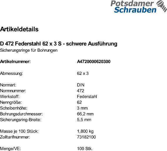 100 Sicherungsringe DIN 472 Federstahl 62x3 schwer