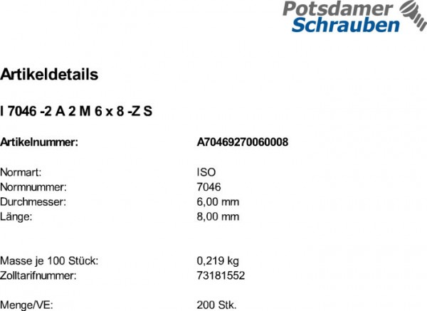 200 Edelstahl V2A Krz. Senkkopfschrauben ISO 7046 -2 A2 -Z M6x8