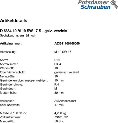 50 Sechskantmuttern DIN 6334 10 M10 SW 17 verzinkt Stahl