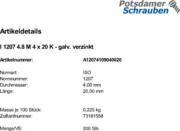200 Schlitz Zylinderschrauben ISO 1207 4.8 verzinkt M4x20