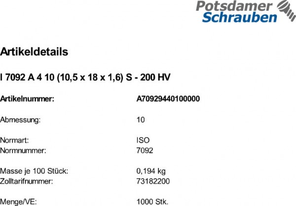 1000 Scheiben ISO 7092 A4 10 (10,5x18x1,6) 200 HV V4A Edelstahl