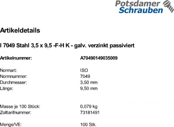 100 Linsenkopf Blechschrauben ISO 7049 verzinkt 3,5x9,5 -F-H