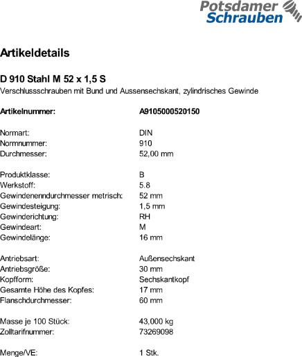 1 Verschlussschrauben DIN 910 Stahl M52x1,5