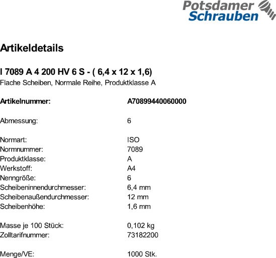 1000 Edelstahl V4A Unterlegscheiben ISO 7089 A4 M6 ( 6,4x12x1,6)