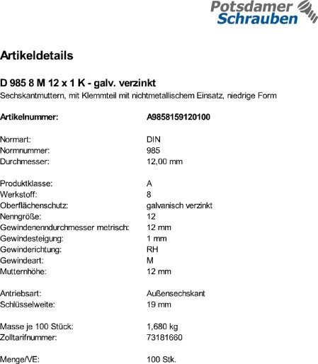 100 Feingewinde Sechskantmuttern DIN 985 Kl. 8 verzinkt M12x1