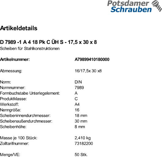 50 Edelstahl V4A Scheiben DIN 7989 -1 A4 18 Pk C ÜH 17,5x30x8