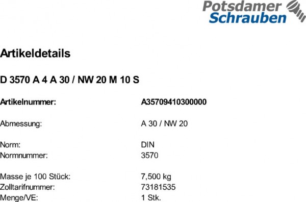 1 Rundstahlbügel DIN 3570 A4 A 30 / NW 20 M10 V4A Edelstahl