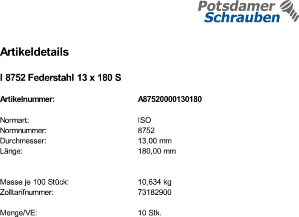 10 Spannstifte ISO 8752 Federstahl 13x180