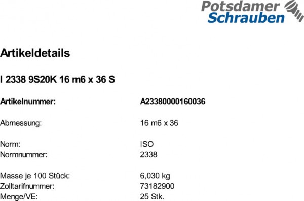 25 Zylinderstifte ISO 2338 Stahl 9S20K 16 m6 x 36