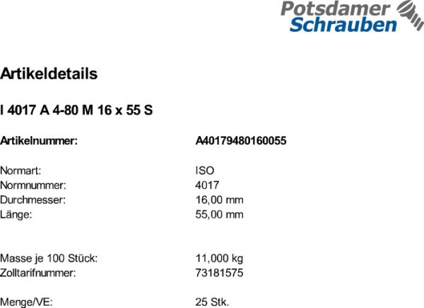 25 Sechskantschrauben ISO 4017 A4 - 80 M16x55 A4 Niro Edelstahl