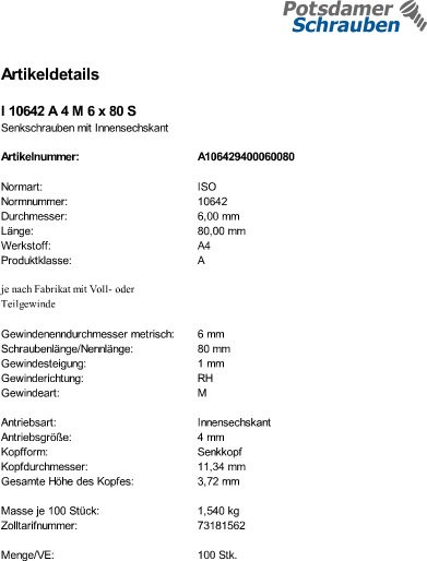 100 Edelstahl V4A Innensechskant Senkkopfschrauben ISO 10642 A4 M6x80