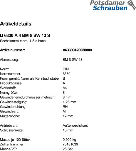 25 Sechskantmuttern DIN 6330 A4 BM8 SW 13 V4A Edelstahl