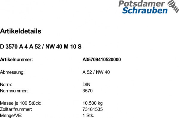 1 Rundstahlbügel DIN 3570 A4 A 52 / NW 40 M10 V4A Edelstahl