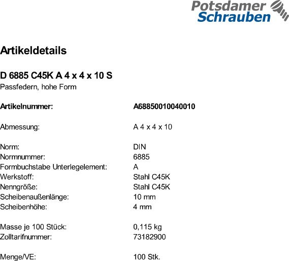100 Passfedern DIN 6885 C45K A 4x4x10 Stahl