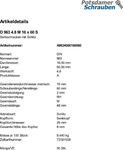 50 Schlitz Senkschrauben DIN 963 4.8 Stahl M16x60